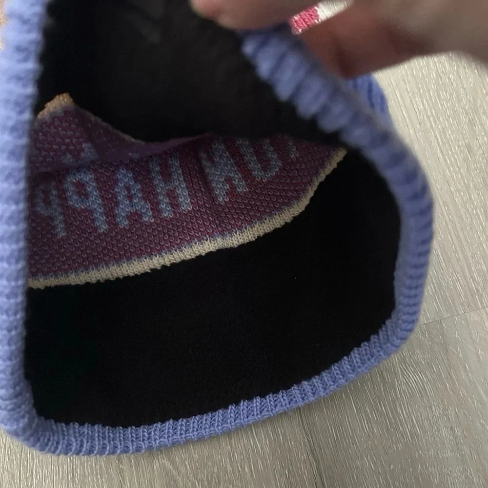 Brooks Run Happy Blue Cream Maroon Pom Beanie